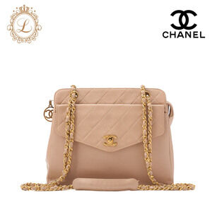Chanel Chain Shoulder Bag Outside Flap Circle Coco Charm Beige Lambskin